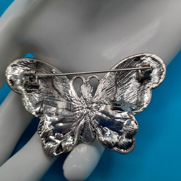 Vintage Enamel Butterfly Brooch, Metallic Teal, Aurora Borealis Rhinestones - Picture 4 of 9